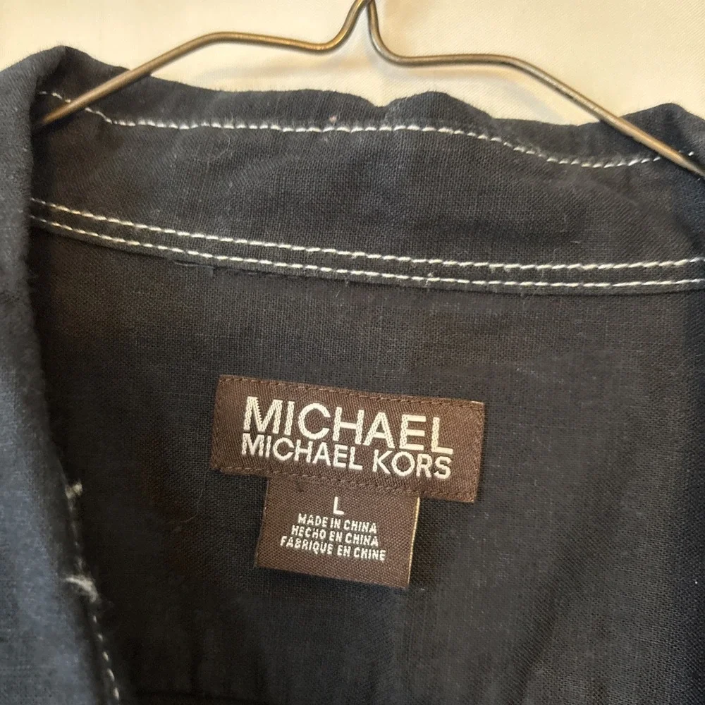 Women's Michael Kors Navy Button Up Shirt jacket 55% Linen Roll Tab Sz L‎ NWOT
